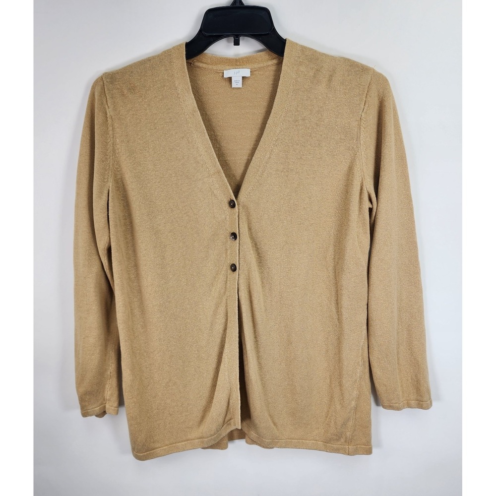 J Jill Cardigan Sweater Women's M Linen Blend Gold Beige Button Long Sleeve Boho